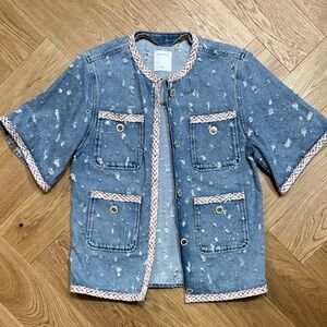 Sandro Blue Jean Jacket with White and Pink Accents